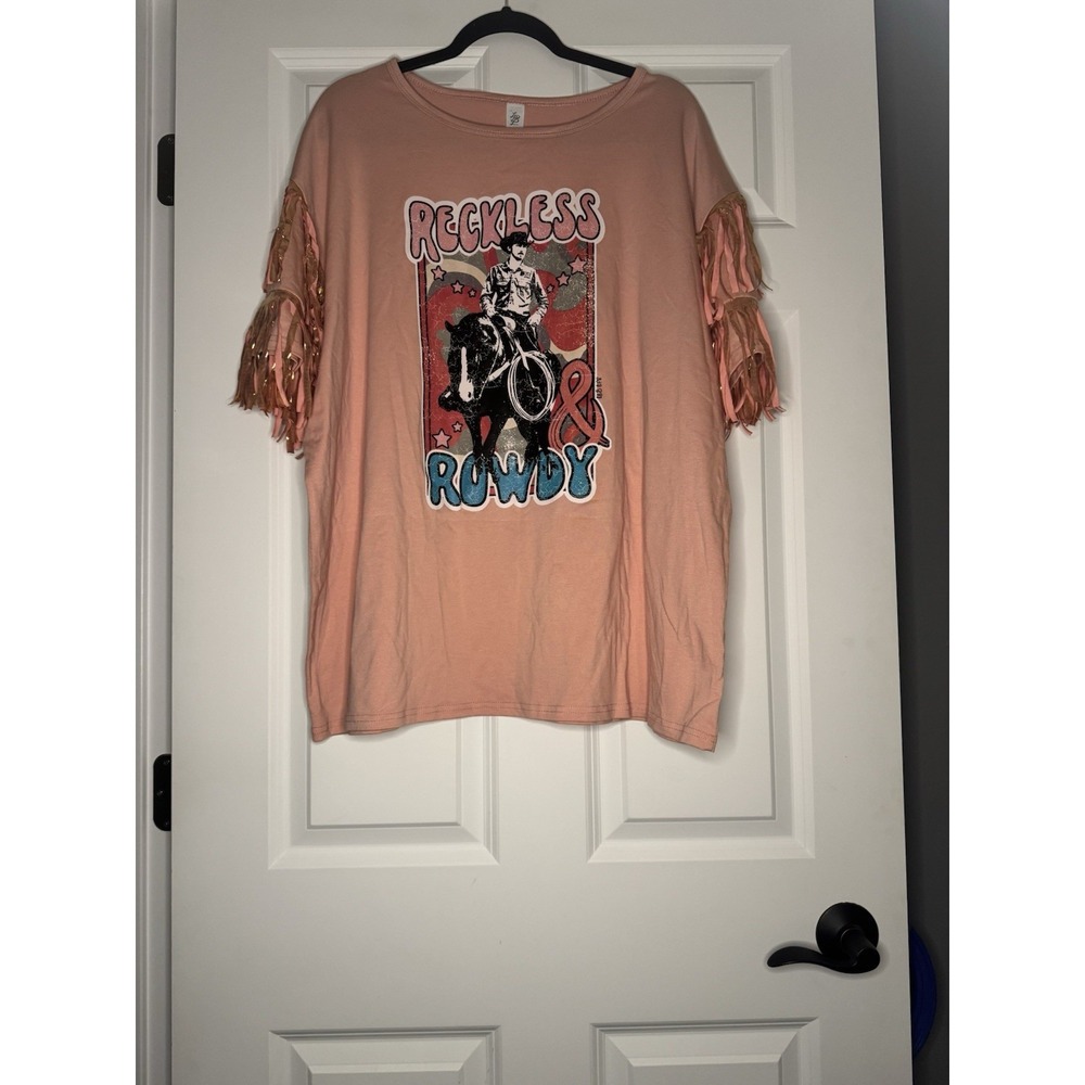Lucky And Blessed  Short Sleeve Graphic Top  Fringe Sleeve Reckless Rowdy  2x
